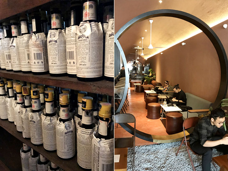 Bottles of aromatic bitters used in award-winning bartender CK Kho’s cocktails (left). The chic décor of Coley Cocktail Bar (or Transparent Coffee by day) (right)