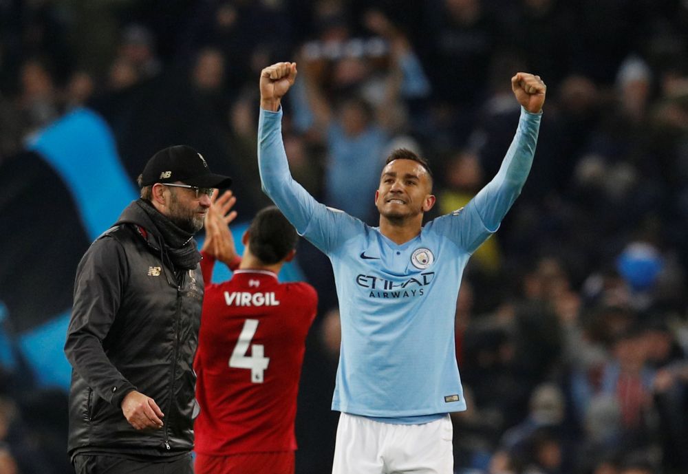 Manchester City's Danilo celebrates as Liverpool manager Juergen Klopp looks on at the end of the match, January 3, 2019. u00e2u20acu2022 Reuters pic