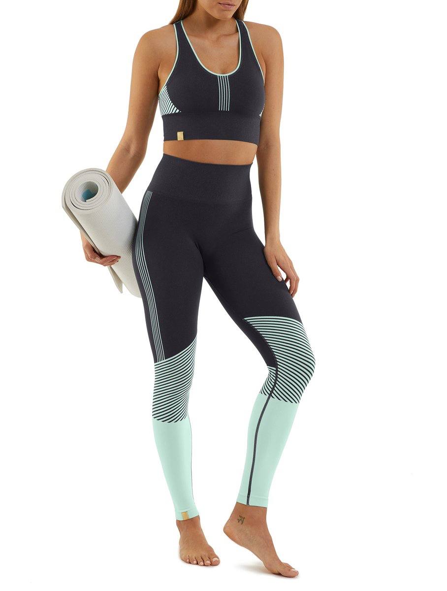 Monreal London Seamless Racer Bra and Seamless Biker Leggings in Pewter/Mint — Picture courtesy of Monreal London via AFP