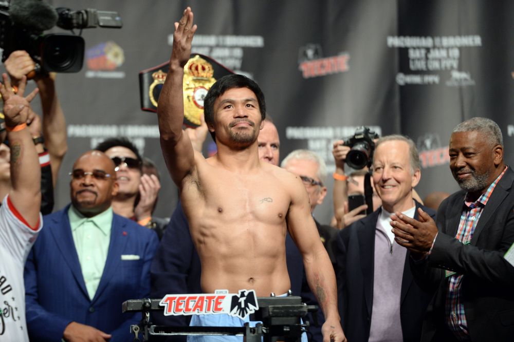 Manny Pacquiao (pic) during a weigh in for a WBA welterweight world title boxing match against Adrien Broner at MGM Grand Garden Arena, January 18, 2019. u00e2u20acu2022 Picture by Joe Camporeale-USA TODAY Sports via Reuters