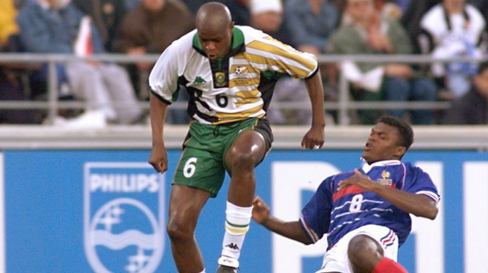 Marcel Desailly of France tackles Philemon Masinga (left) of South Africa during a 1998 World Cup group match in Marseille. u00e2u20acu201d AFP pic