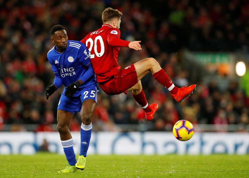 Leicester City's Wilfred Ndidi (left) in EPL action with Liverpool's Adam Lallana at Anfield January 30, 2019. u00e2u20acu201d Reuters pic