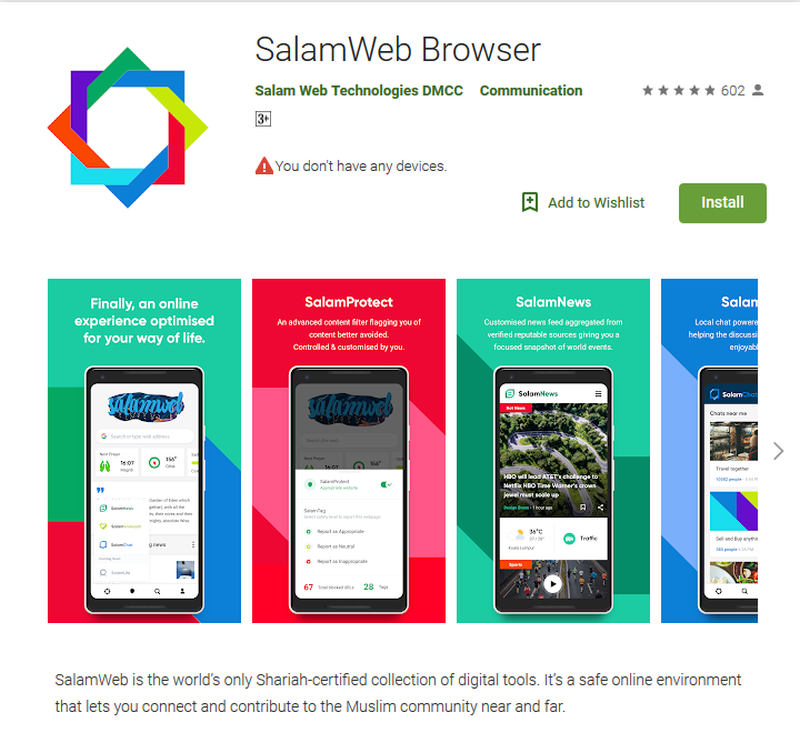 A check on the Google Play store showed the SalamWeb Browser app as having over 10,000 downloads to date and with a review score of 4.9 stars.