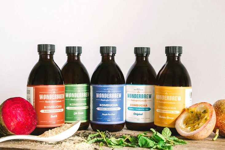 The complete range of Wonderbrew kombucha flavours.