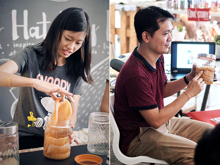 A participant picking up a scoby during the kombucha brewing class (left). Boon explaining how the fermentation works (right).
