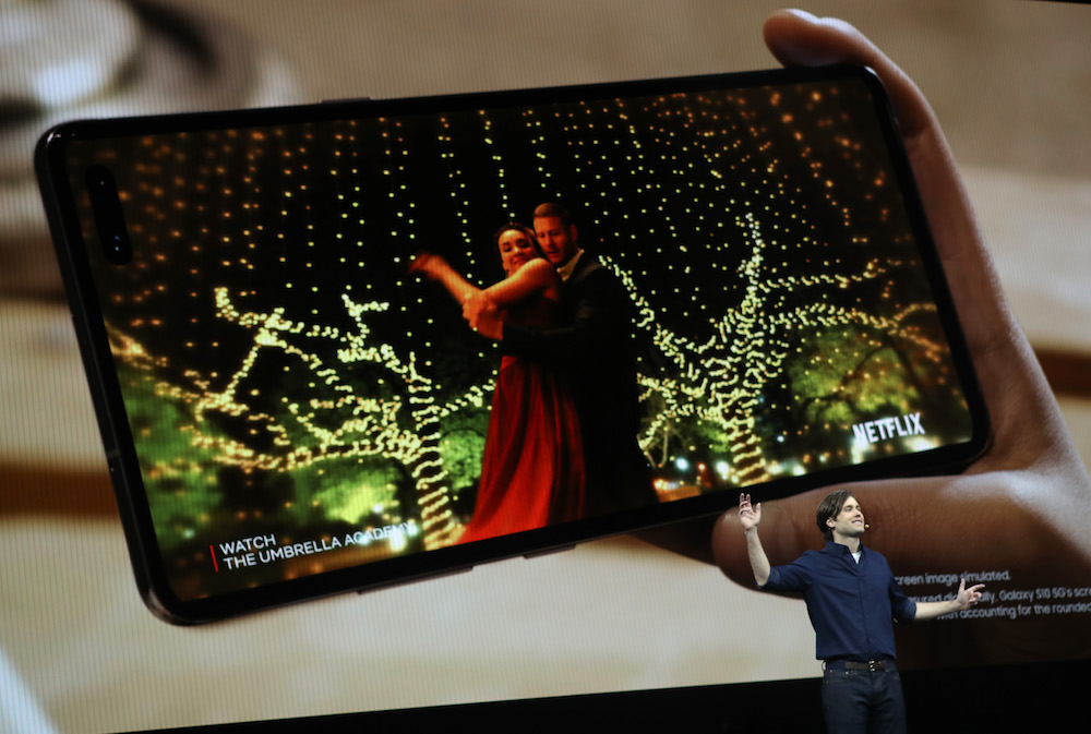 Samsung product marketing manager Drew Blackard announces the new Samsung Galaxy S10 5G during the Samsung Unpacked event in San Francisco February 20, 2019. — AFP pic