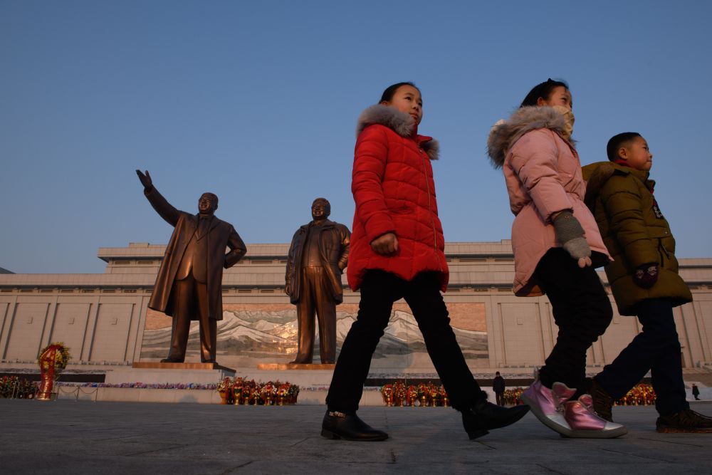 Chilren leave after their respects before the statues of late North Korean leaders Kim Il-sung and Kim Jong-il as part of celebrations marking the birthday of late North Korean leader Jong-il, February 16, 2019. u00e2u20acu201d AFP pic
