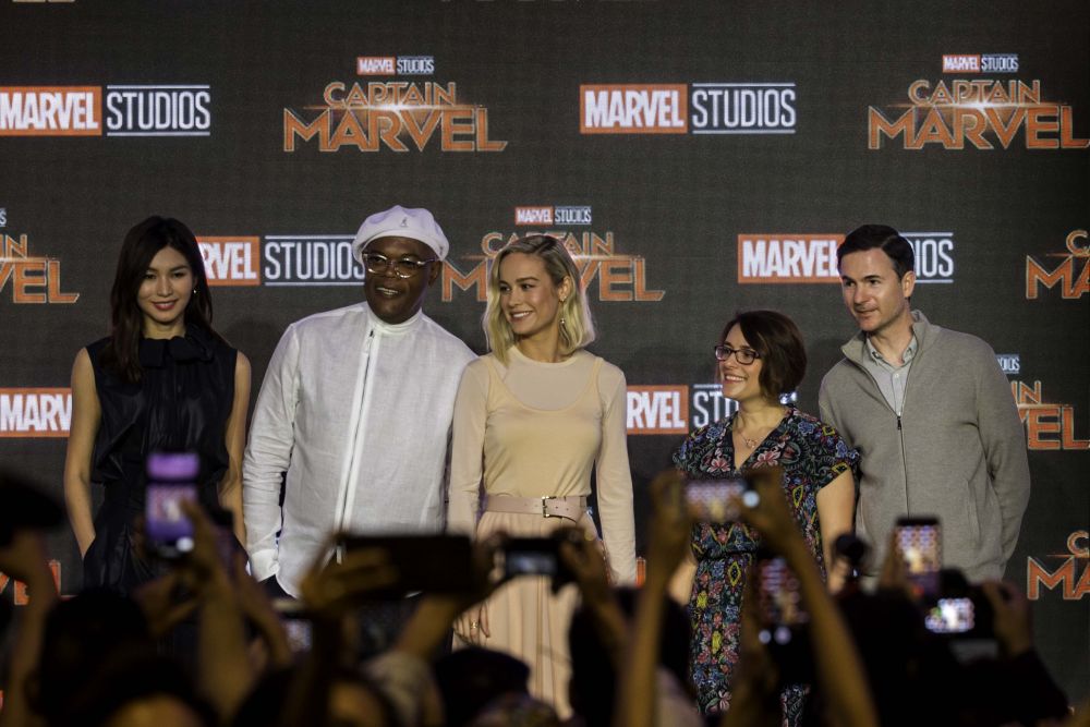 The cast and directors of Captain Marvel (from left): Gemma Chan, Samuel L. Jackson, Brie Larson, and co-directors Anna Boden and Ryan Fleck in Singapore. u00e2u20acu201d Picture courtesy of The Walt Disney Company (Malaysia)