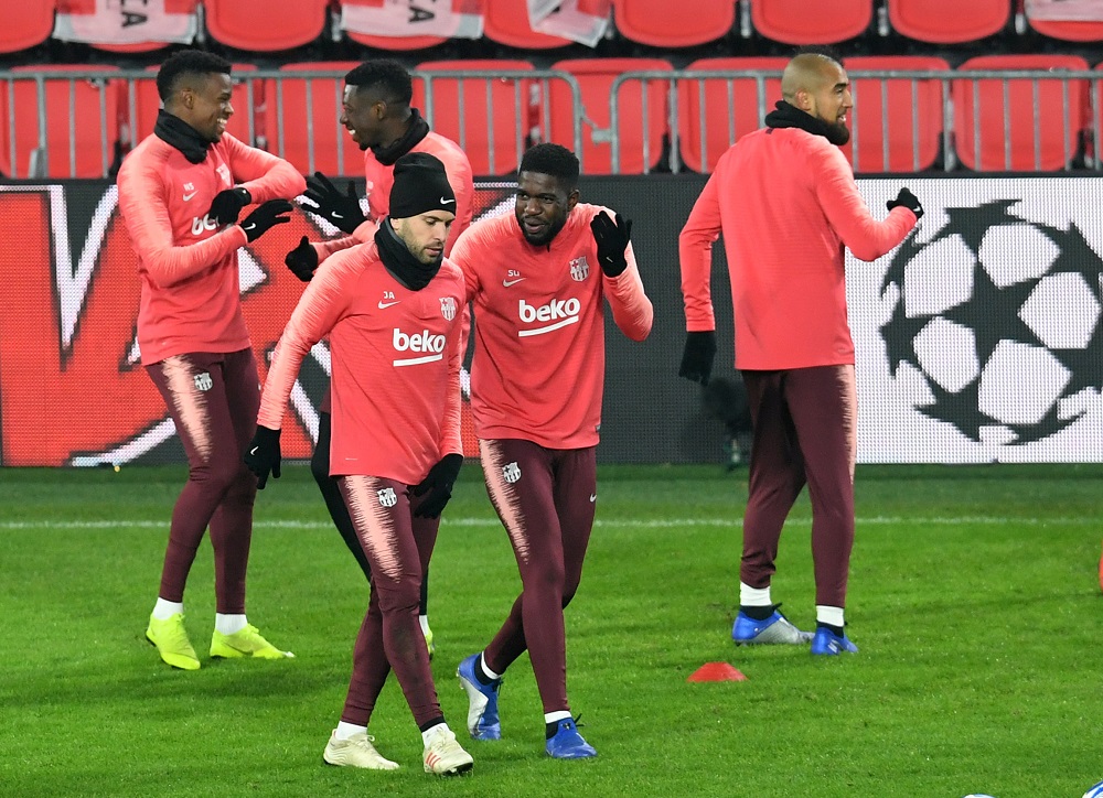 Barcelona's Jordi Alba and Samuel Umtiti during training at the Philips Stadium in Netherlands November 27, 2018. u00e2u20acu201d Reuters pic