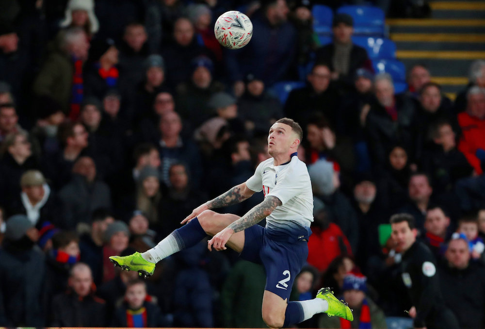 Tottenhamu00e2u20acu2122s Kieran Trippier in action during the FA Cup fourth round match with Crystal Palace at Selhurst Park in London January 27, 2019. u00e2u20acu201d Action Images pic via Reuters