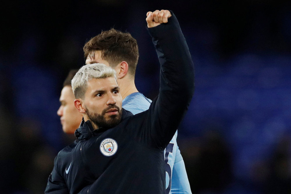 Manchester Cityu00e2u20acu2122s Sergio Aguero celebrates after the Premier League match against Everton at Goodison Park in Liverpool February 6, 2019. u00e2u20acu201d Reuters pic