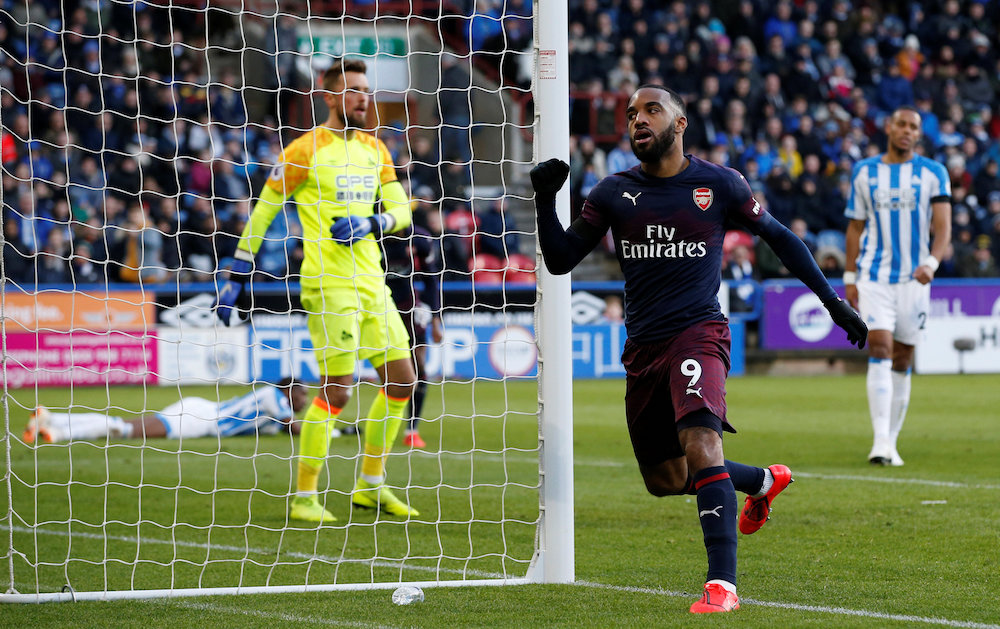 Arsenalu00e2u20acu2122s Alexandre Lacazette celebrates scoring their second goal during their Premier League match against Huddersfield at John Smithu00e2u20acu2122s Stadium in Huddersfield February 9, 2019. u00e2u20acu201d Reuters pic