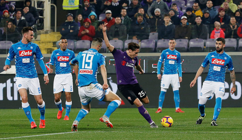 Fiorentinau00e2u20acu2122s Federico Chiesa shoots at goal during their Serie A match with Napoli at Stadio Artemio Franchi in Florence February 9, 2019. u00e2u20acu201d Reuters pic