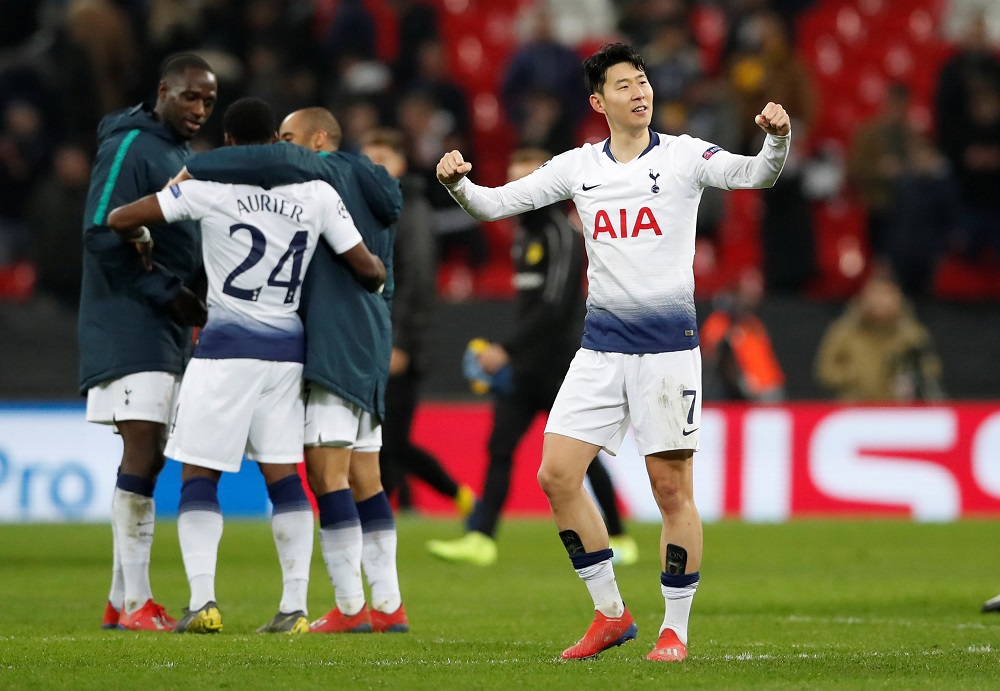 Tottenhamu00e2u20acu2122s Son Heung-min celebrates at the end of the match against Borussia Dortmund at the Wembley Stadium in London February 13, 2019. u00e2u20acu201d Reuters pic