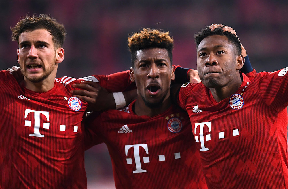 Bayern Munichu00e2u20acu2122s Kingsley Coman (centre) celebrates scoring their third goal during the Bundesliga match against FC Augsburg at WWK Arena in Augsburg February 15, 2019. u00e2u20acu201d Reuters pic