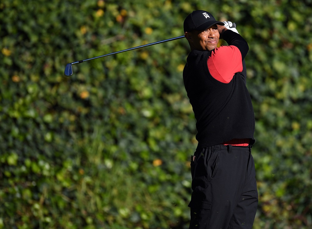 Tiger Woods hits from the sixth hole tee box during the continuation of third round play in the Genesis Open golf tournament at Riviera Country Club in California February 17, 2019. u00e2u20acu201d Picture by Gary A. Vasquez-USA TODAY Sports via Reuters
