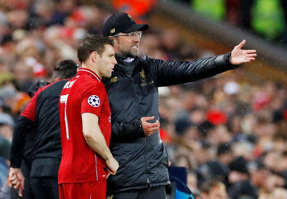Liverpool manager Juergen Klopp prepares to substitute on Liverpool's James Milner at Anfield in Liverpool February 19, 2019. u00e2u20acu201d Reuters pic