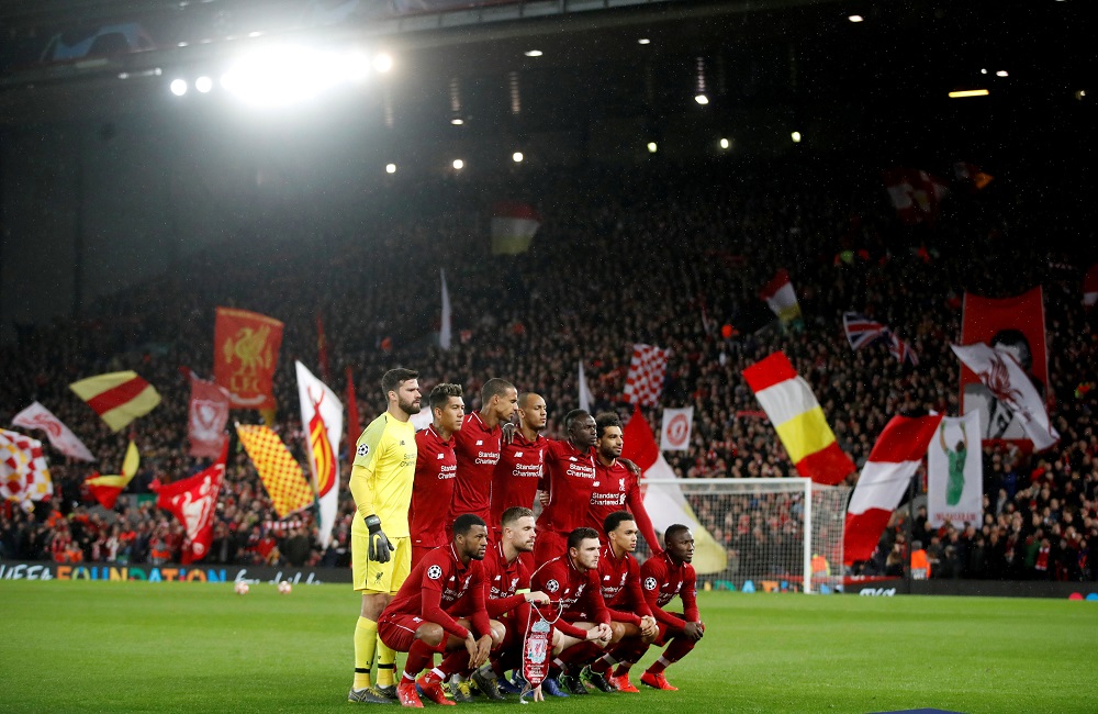 Liverpool players pose for a team group photo before the match against Bayern Munich at Anfield in Liverpool February 19, 2019. u00e2u20acu201d Action Images via Reuters