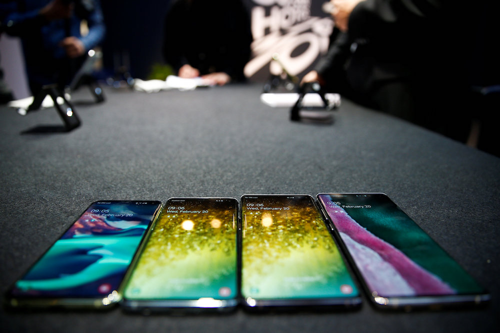 The new Samsung Galaxy S10e, S10, S10+ and the Samsung Galaxy S10 5G smartphones at a press event in London February 20, 2019. — Reuters pic
