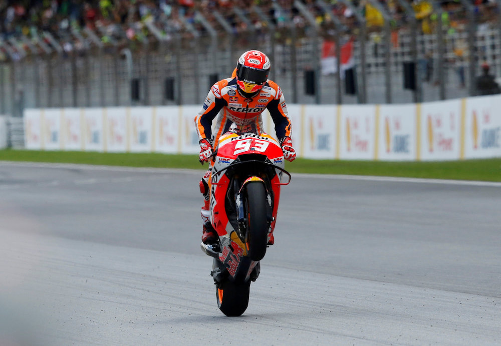 Marc Marquez celebrates after winning the Malaysian MotoGP race, November 4, 2019. u00e2u20acu201d Reuters pic