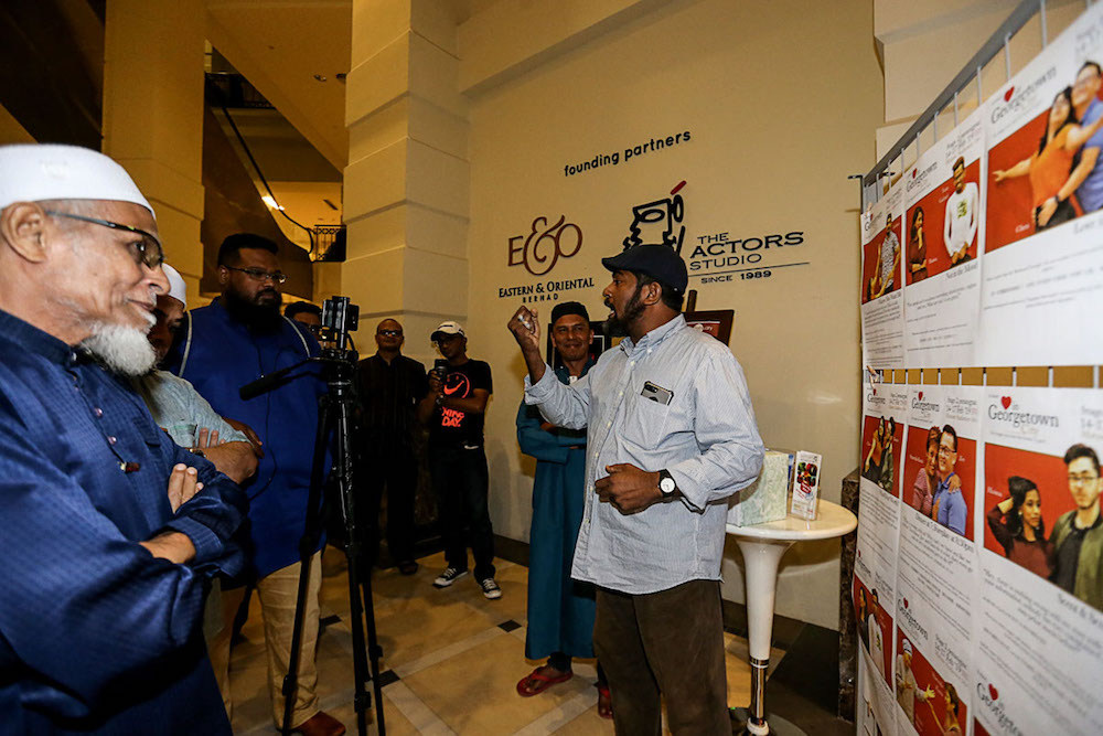 A protester speaks as he protests against a play called ‘Love in Georgetown City’, which previously called ‘Sex in Georgetown City’ at Penangpac in George Town February 14, 2019. — Picture by Sayuti Zainudin