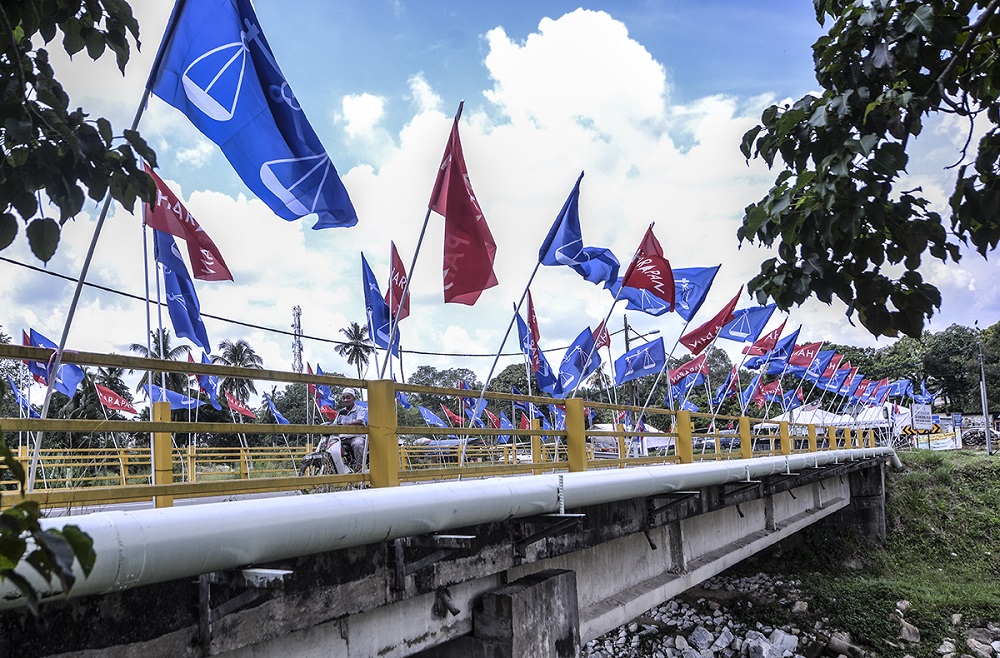Pakatan Harapan and Barisan Nasional flags line a road in Semenyih February 26, 2019. u00e2u20acu201d Picture by Shafwan Zaidon