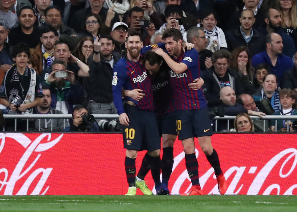 Barcelona's Lionel Messi with team mates celebrate their first goal, scored by Ivan Rakitic (not pictured) Madrid March 3, 2019. u00e2u20acu201d Reuters pic