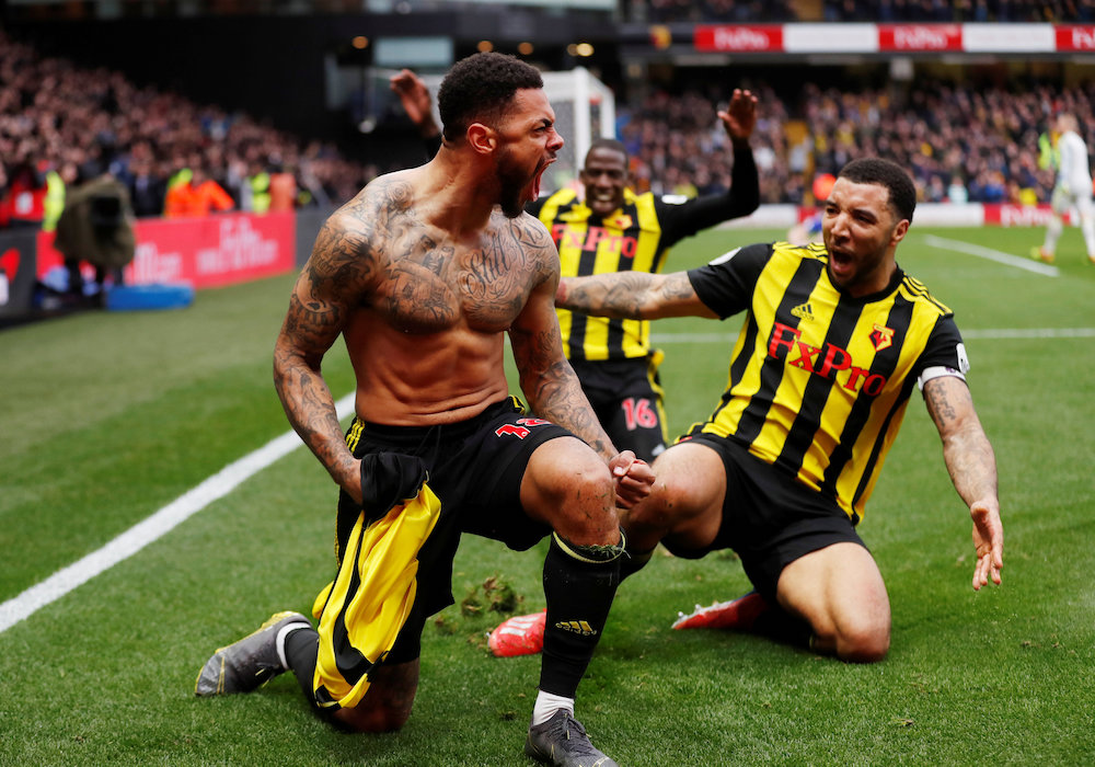 Watford's Andre Gray celebrates scoring their second goal with Troy Deeney at Watford March 3, 2019. u00e2u20acu201d Action Images via Reuters pic