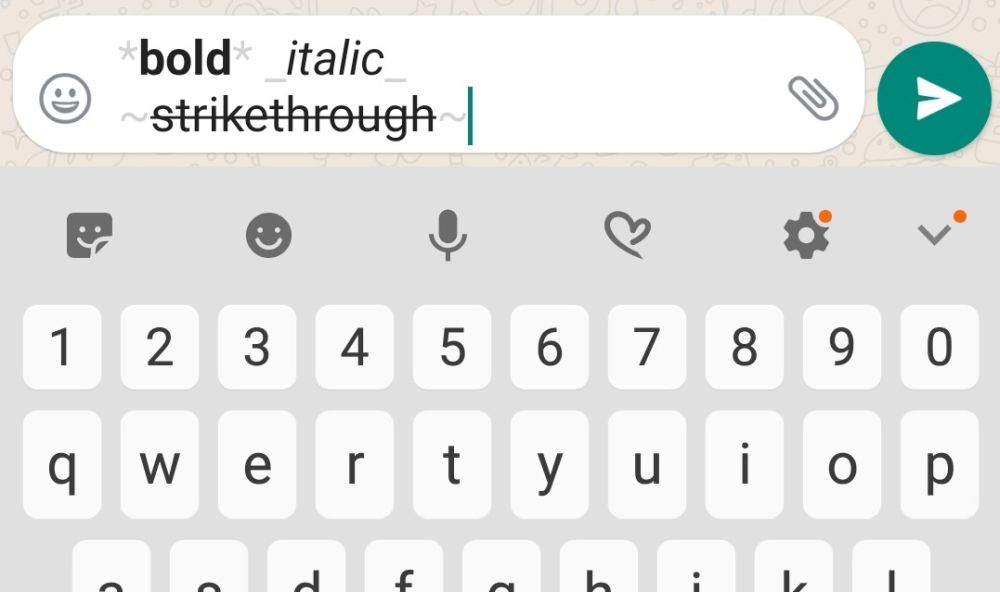 Give your words a dash of typohraphical emphasis using the asterisk, underscore and tildes signs. — Screengrab via WhatsApp