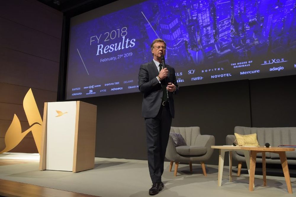 Chairman and CEO of French hotel operator AccorHotels Sebastien Bazin presents the 2018 results on February 21, 2019 at AccorHotels headquarters in Issy-les-Moulineaux, near Paris. u00e2u20acu201d AFP pic