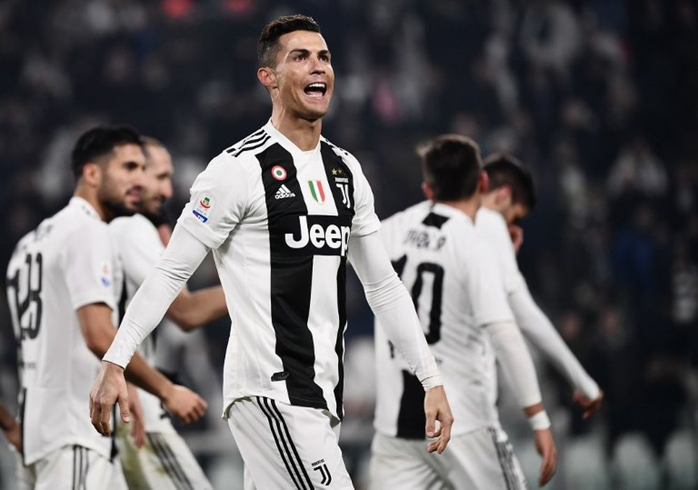Juventusu00e2u20acu2122 forward Cristiano Ronaldo celebrates after scoring during the Italian Serie A match Juventus vs Frosinone on February 15, 2019 at the Juventus stadium in Turin. u00e2u20acu201d AFP pic