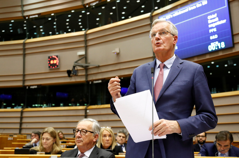 European Union Chief Brexit Negotiator Michel Barnier speaks next to European Commission President Jean-Claude Juncker during a plenary session of the EU Parliament in Brussels, Belgium January 30, 2019. u00e2u20acu201d Reuters pic