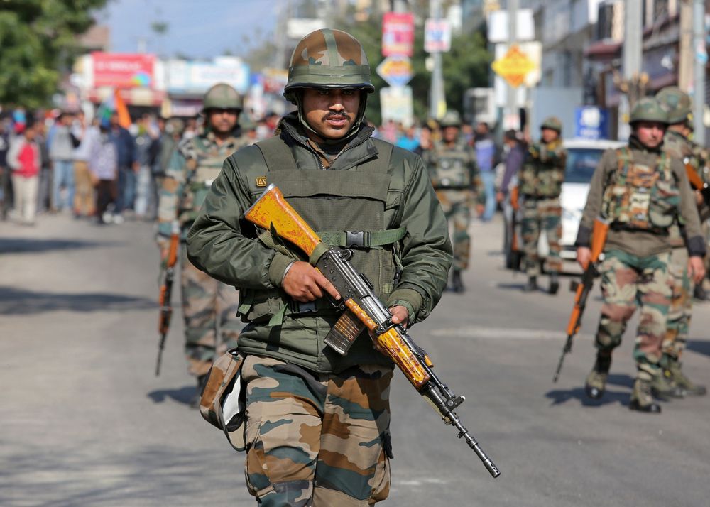 Indian Army soldiers patrol a street during a curfew in Jammu, February 16, 2019. u00e2u20acu201d Reuters pic