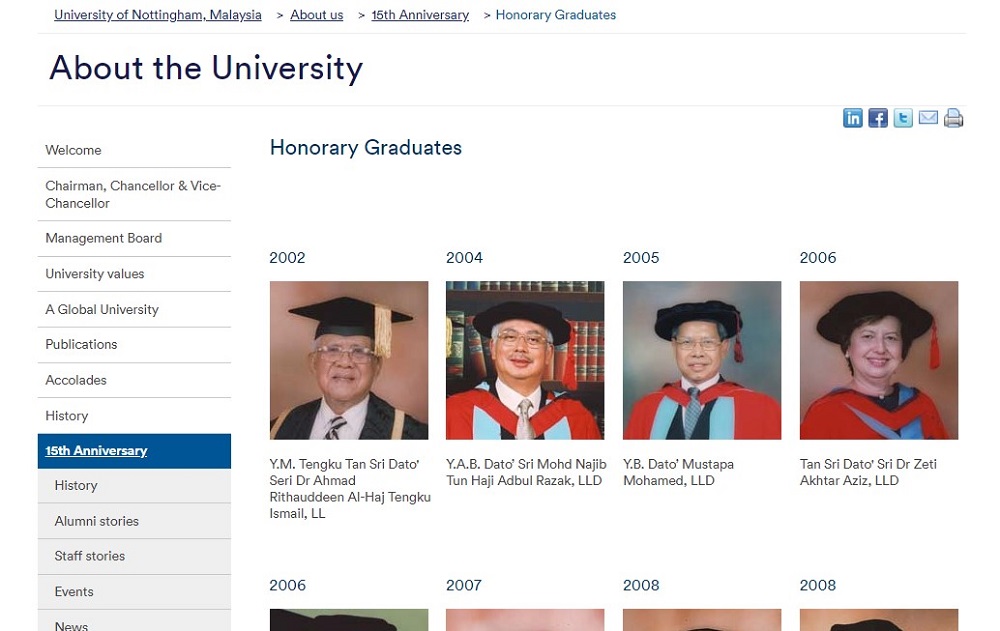A screen capture of the University of Nottingham’s Malaysia campus’ website, February 2019.