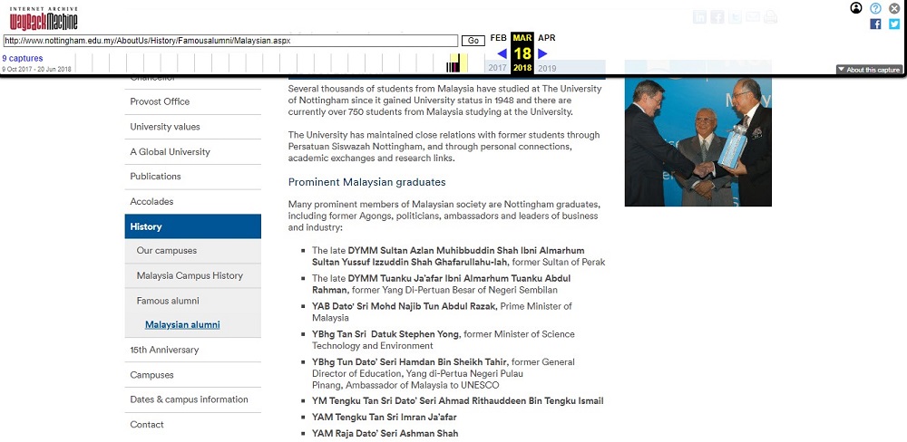 A screen capture of the University of Nottingham’s Malaysia campus’ website as archived in March 2018. 