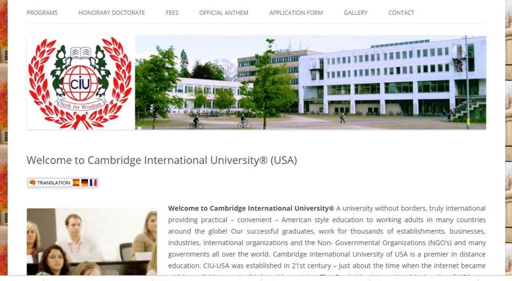 A screenshot of the Cambridge International University website. 
