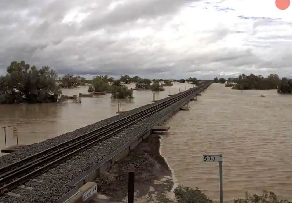 Floodwaters rise near a railway track in Neila, Queensland, February 1, 2019, in this still image taken from video from social media. u00e2u20acu201d Queensland Rail image/via Reuters 