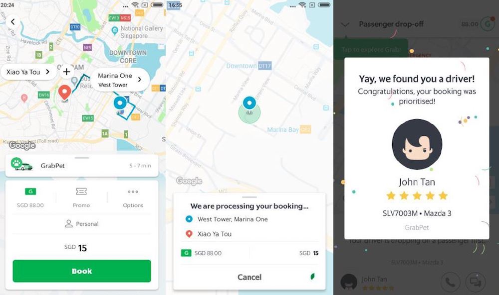 Grab app interface showing the process of booking the GrabPet service. — Handout via TODAY
