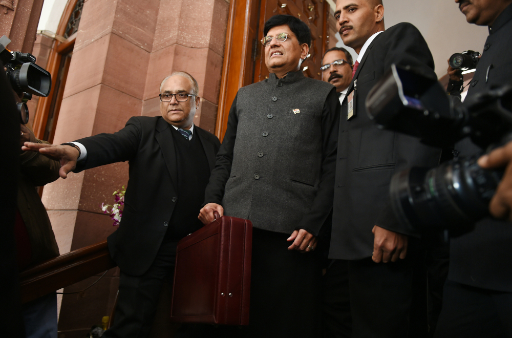 Indian Finance Minister Piyush Goyal arrives at parliament to present the budget in New Delhi on February 1, 2019. u00e2u20acu201d AFP pic