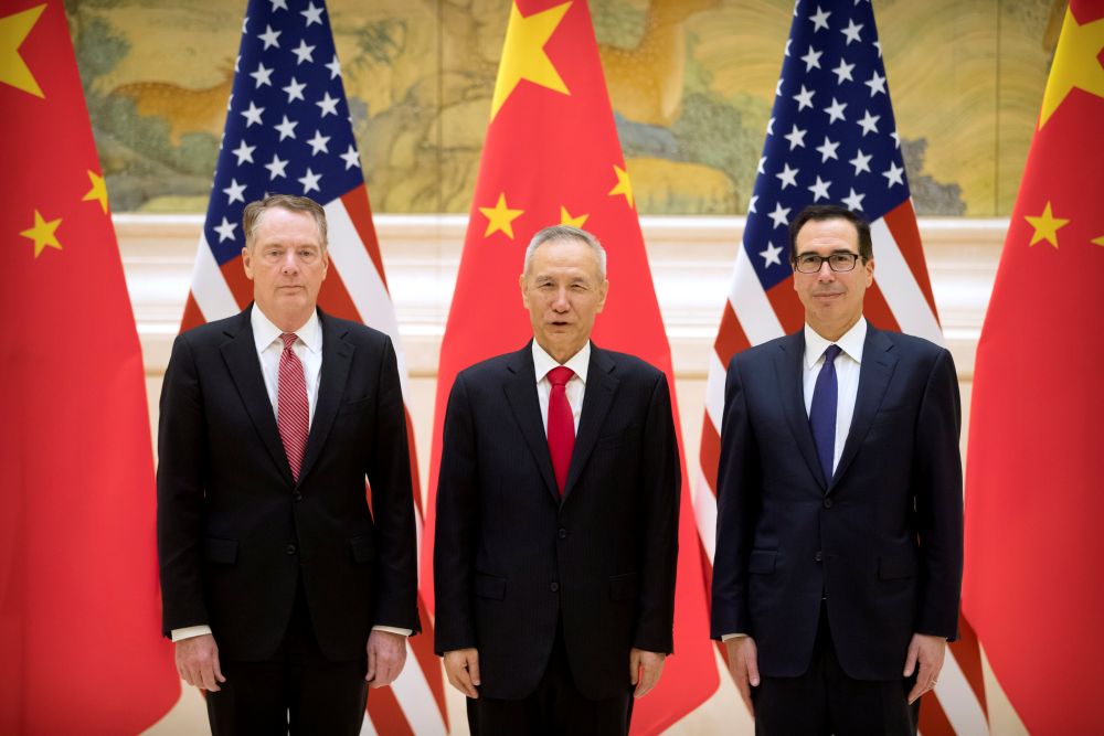 US Trade Representative Robert Lighthizer, Chinese Vice Premier and lead trade negotiator Liu He, and US Treasury Secretary Steven Mnuchin pose for at the Diaoyutai State Guesthouse in Beijing February 14, 2019. u00e2u20acu201d Reuters pic