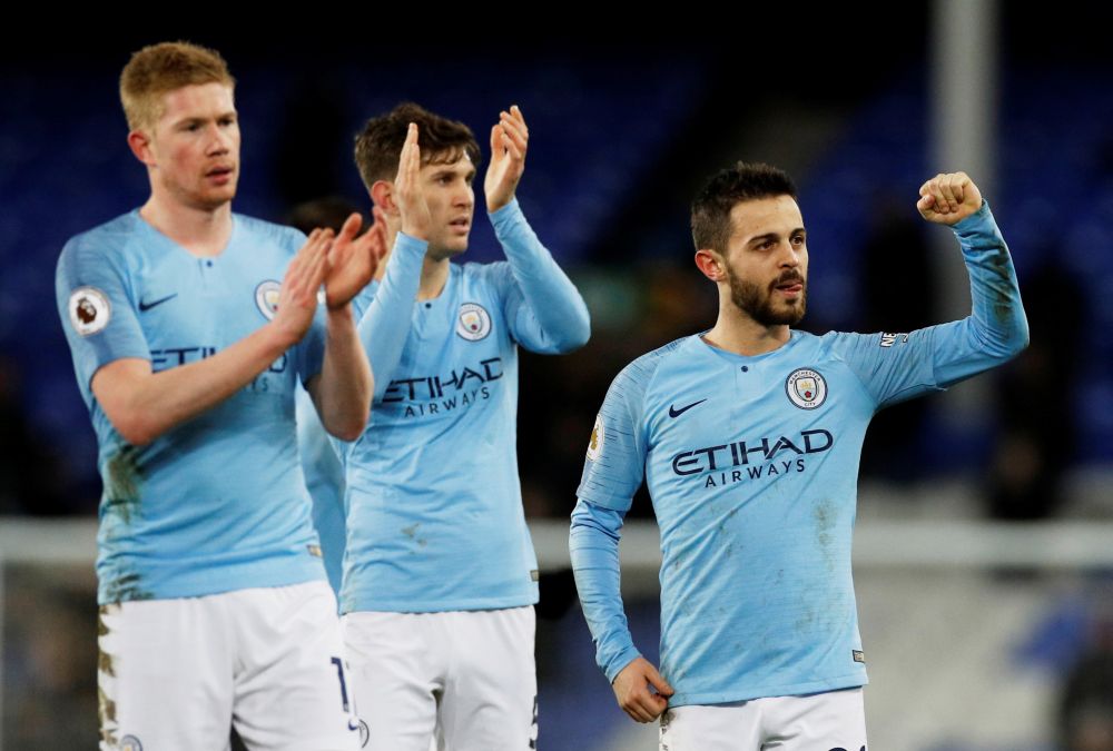 Manchester City's Kevin De Bruyne, John Stones and Bernardo Silva celebrate after the match against Everton, February 6, 2019. u00e2u20acu2022 Reuters pic