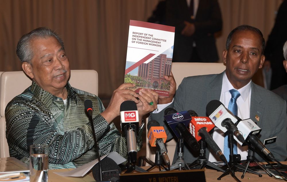 Home Minister Tan Sri Muhyiddin Yassin (left) and Human Resources Minister M. Kula Segaran giving a press conference after chairing the Joint Committee Meeting on the Management of Foreign Workers, in Putrajaya, Feb 28, 2019. u00e2u20acu201d Bernama pic