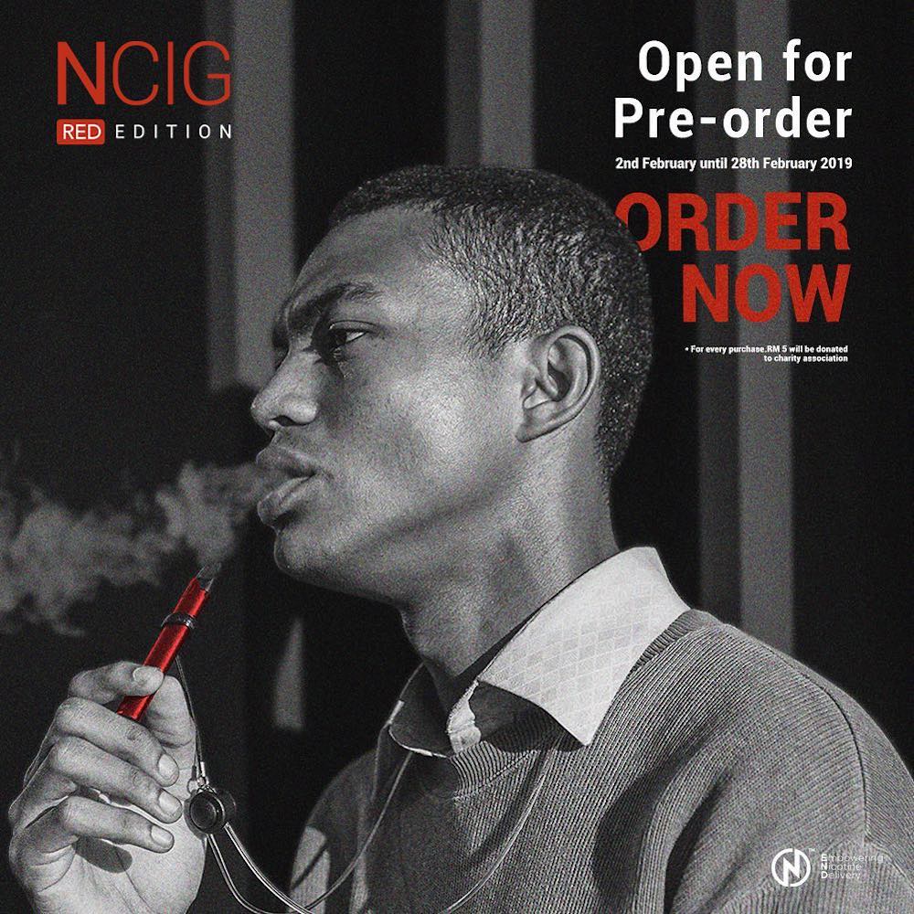 In the promotional material spotted, a company called NCIG Malaysia had announced the pre-order for a special of edition of its e-cigarette u00e2u20acu201d of which RM5 of each sale will be donated to Makna. u00e2u20acu201d Picture via Instagram/NCIGMY
