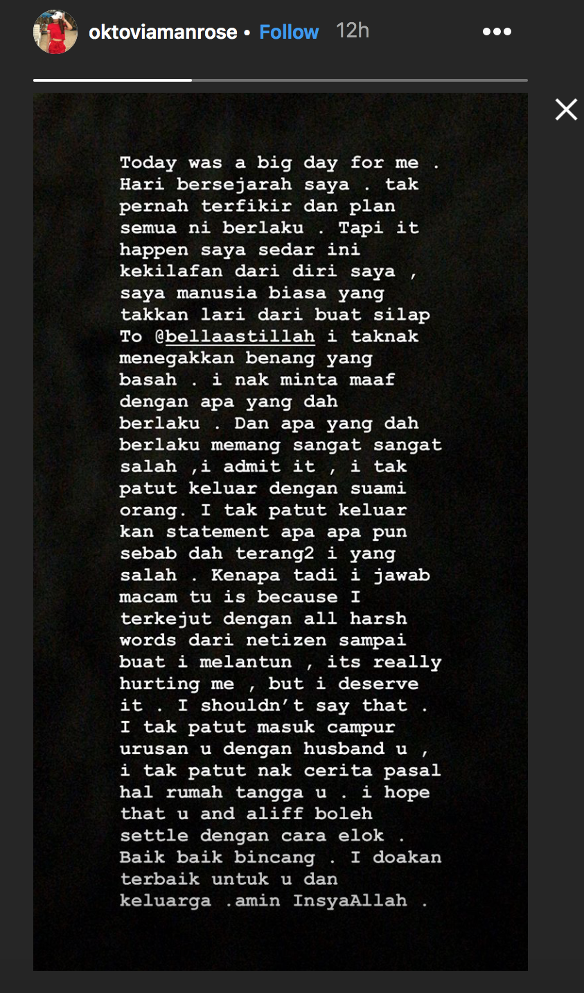 A screenshot of the apology uploaded on Oktovia’s Instagram account. — Picture via Instagram/oktoviamanrose