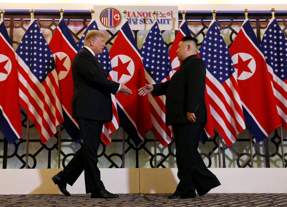 US President Donald Trump and North Korean leader Kim Jong-un shake hands before their one-on-one chat during the second US-North Korea summit at the Metropole Hotel in Hanoi, Vietnam February 27, 2019. u00e2u20acu201d Reuters pic 