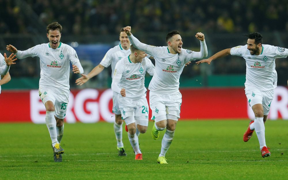 Werder Bremen players celebrate after winning the penalty shootout against Borussia Dortmund, February 5, 2019. u00e2u20acu2022 Reuters pic