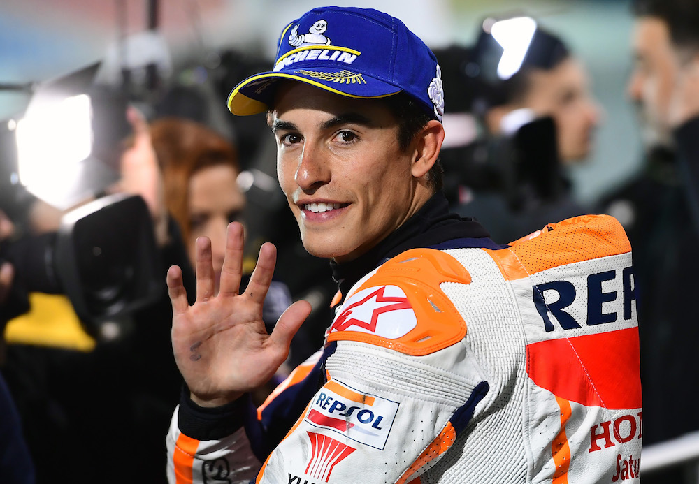 Repsol Hondau00e2u20acu2122s rider Marc Marquez of Spain celebrates the third position at the end of the qualification session at Losail track in Doha March 9, 2019. u00e2u20acu201d AFP pic