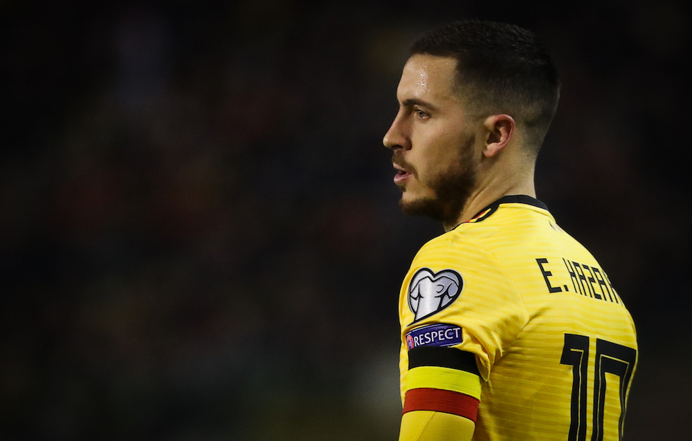 Belgiumu00e2u20acu2122s Eden Hazard looks on during their Euro 2020 Qualifiers match with Russia at the Roi Baudouin stadium in Brussels March 21, 2019. u00e2u20acu201d AFP pic