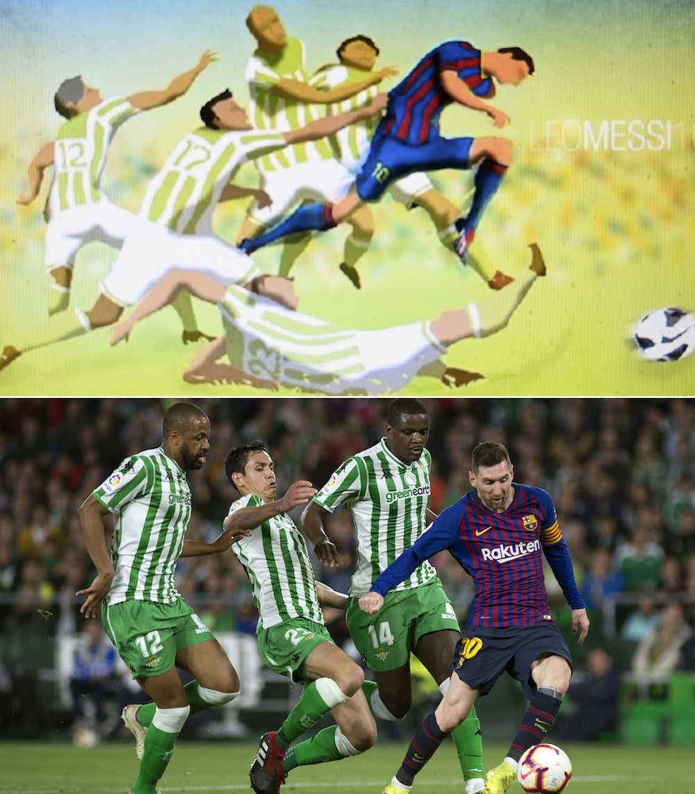This combination of pictures shows (top) a painting by Bangladeshi architect Suhas Nahian and Barcelonau00e2u20acu2122s Lionel Messi scoring a goal during their match with Real Betis in Seville March 17, 2019. u00e2u20acu201d AFP pic