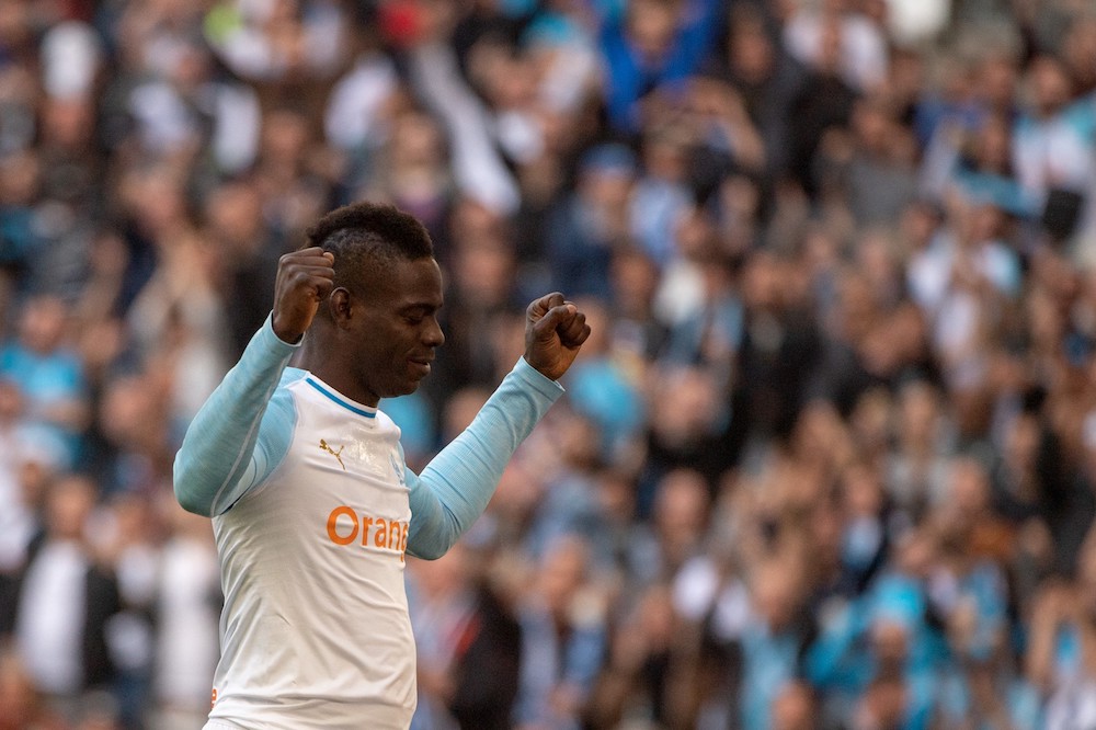 Marseilleu00e2u20acu2122s Mario Balotelli celebrates after scoring a goal during the French L1 football match with Angers at the Velodrome stadium March 30, 2019. u00e2u20acu201d AFP pic
